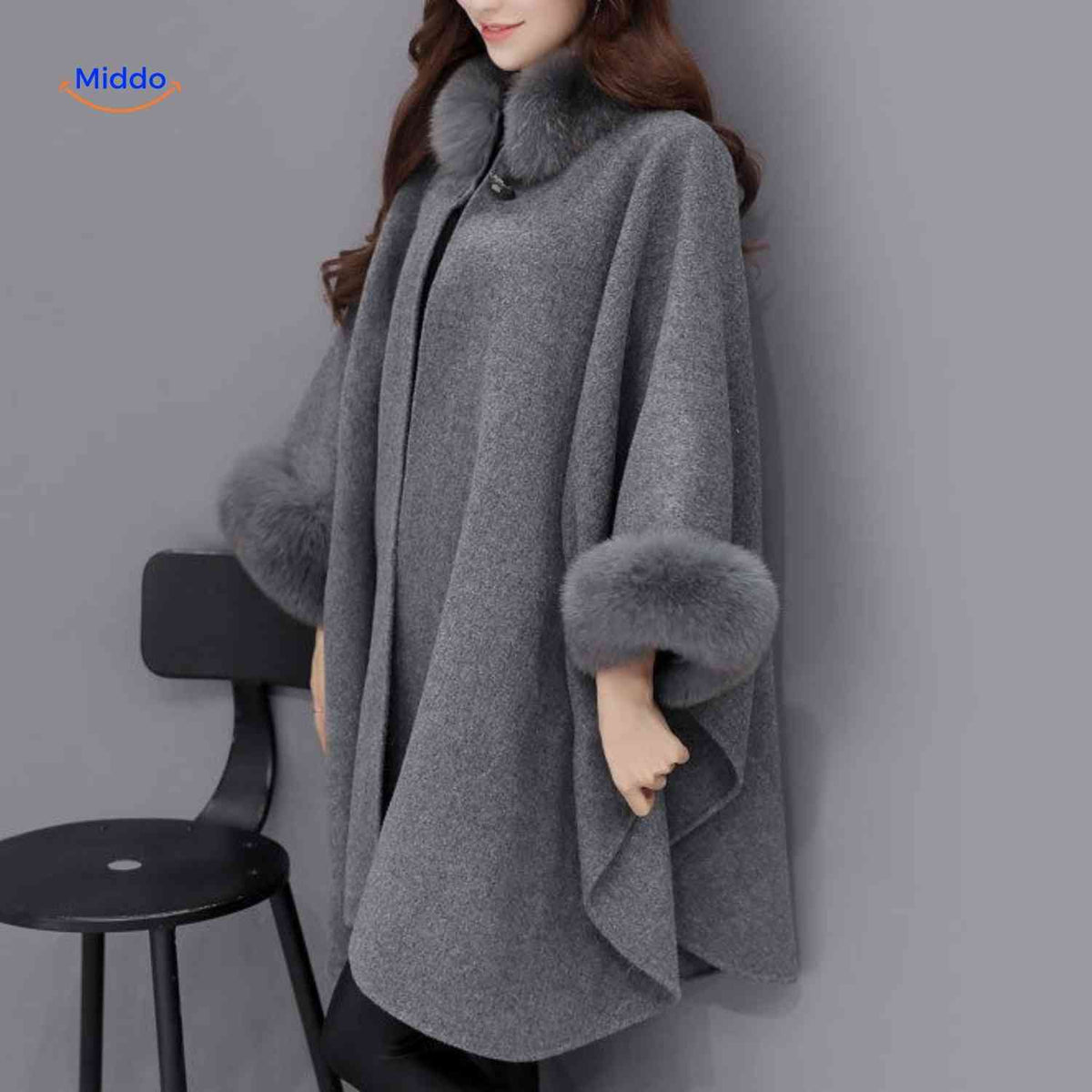 Women's Wool Cape Coat with Oversized Faux Fur Collar – A-Line Winter Wrap, 3/4 Sleeve, Plus Size Available