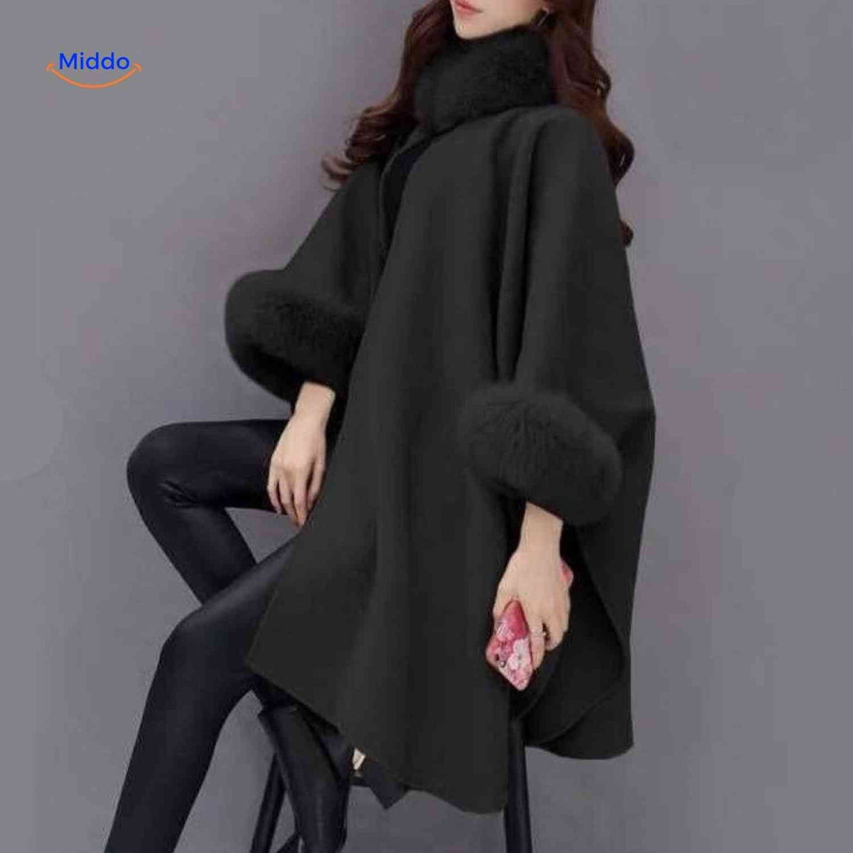 Women's Wool Cape Coat with Oversized Faux Fur Collar – A-Line Winter Wrap, 3/4 Sleeve, Plus Size Available