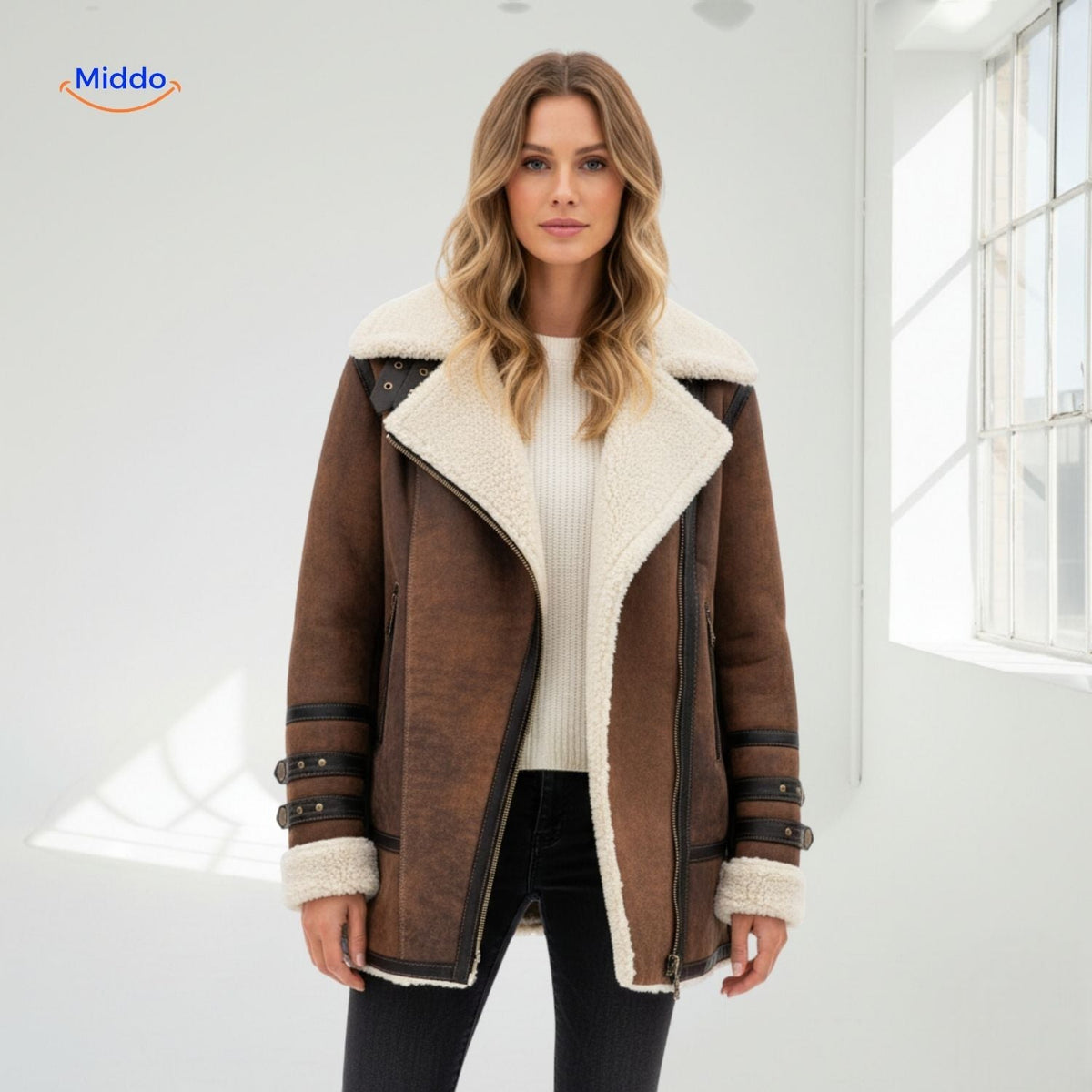 Women's Faux Suede Long Coat with Plush Faux Fur Lining – Windproof Full-Length Winter Jacket