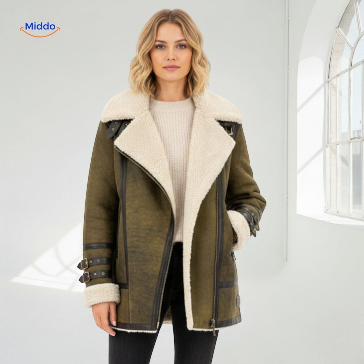 Women's Faux Suede Long Coat with Plush Faux Fur Lining – Windproof Full-Length Winter Jacket