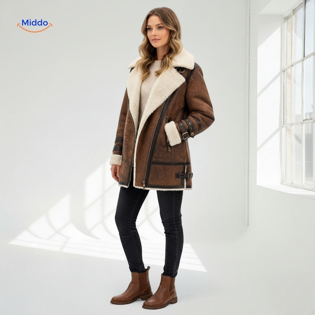Women's Faux Suede Long Coat with Plush Faux Fur Lining – Windproof Full-Length Winter Jacket