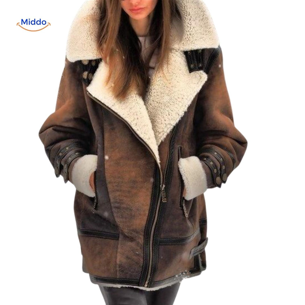 Women's Faux Suede Long Coat with Plush Faux Fur Lining – Windproof Full-Length Winter Jacket