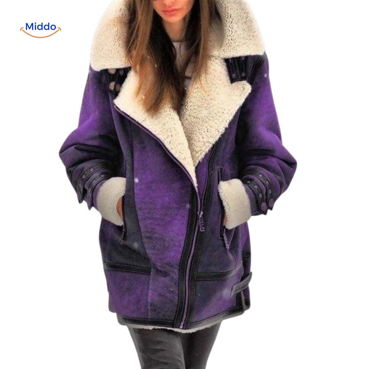 Women's Faux Suede Long Coat with Plush Faux Fur Lining – Windproof Full-Length Winter Jacket