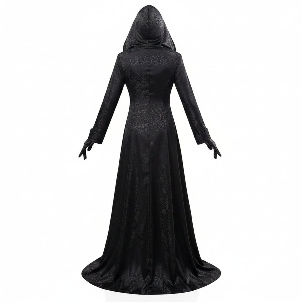 Disfraz de vampira gótica para Halloween, vestido negro con capucha, gargantilla de encaje con colgante y guantes