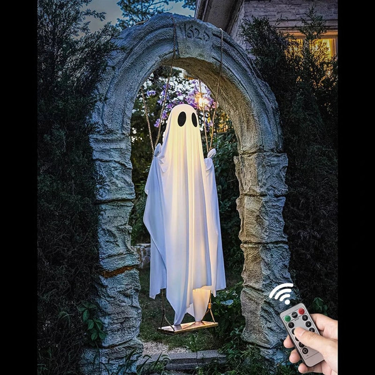 Decoración de Halloween: fantasma colgante con luces LED integradas, ideal para interiores y exteriores