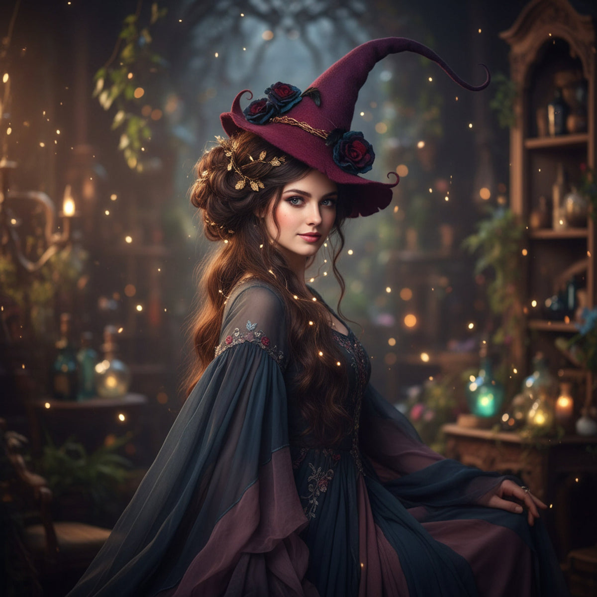 Sombrero de bruja para Halloween con lana afieltrada y bordado de telaraña
