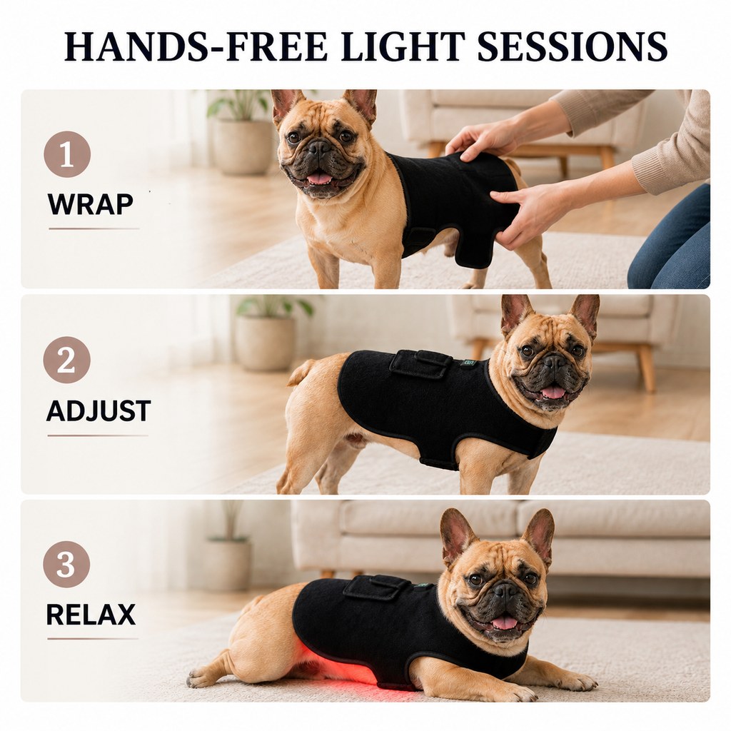 Chaleco de luz roja para mascotas (perros y gatos) – Envoltura de confort con infrarrojo cercano de 660 nm + 850 nm para espalda, cadera y articulaciones – Recargable por USB