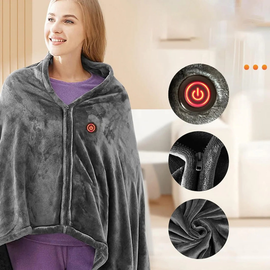 USB Heated Shoulder Cape with Zipper Closure & 3 Heat Settings