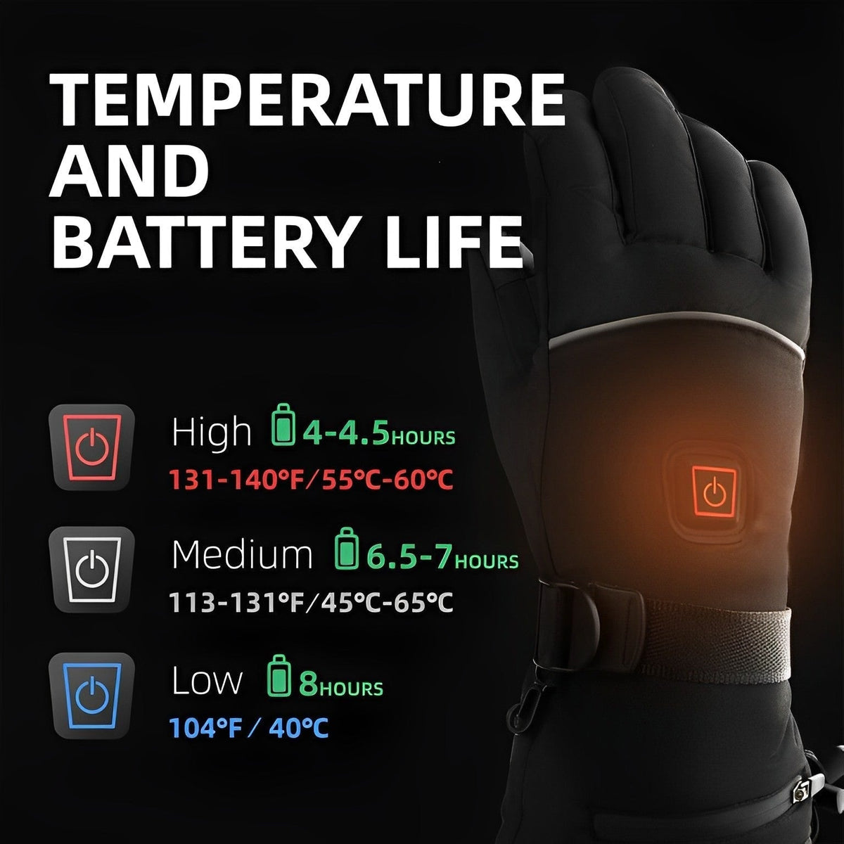 Battery-Powered Heated Gloves with 8-Hour Runtime & Waterproof Touchscreen Fingertips for Outdoor Work & Skiing