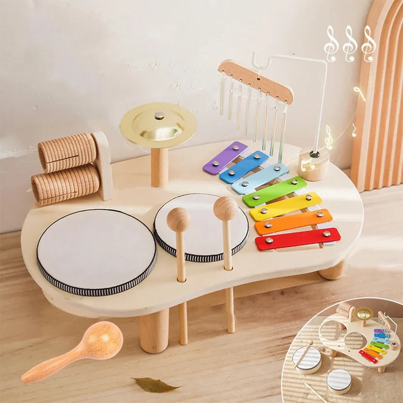 Houten drumstel met xylofoon van 8 noten en bekken, muziekinstrumenten voor peuters