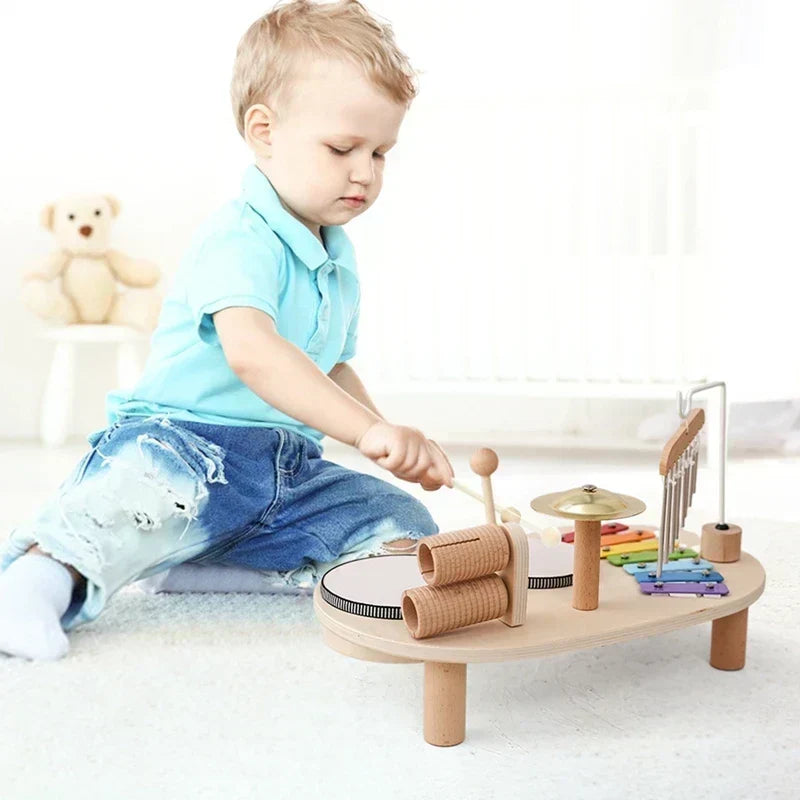 Houten muzikaal activiteitenstation voor kinderen – Xylofoon, trommels en bellen speelset voor peuters, educatief ritmespeelgoed voor jongens en meisjes