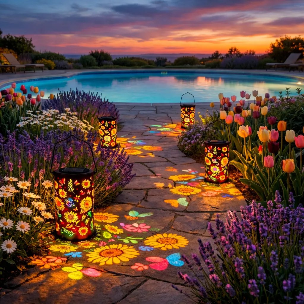 Decorative Solar Lantern with Floral Cutout Design for Patio & Garden Pathway Lighting | Thomler