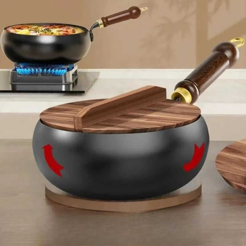 12-Inch Cast-Iron Round-Bottom Skillet with Wood Handle and Lid for Induction Gas Electric Stovetops | Thomler