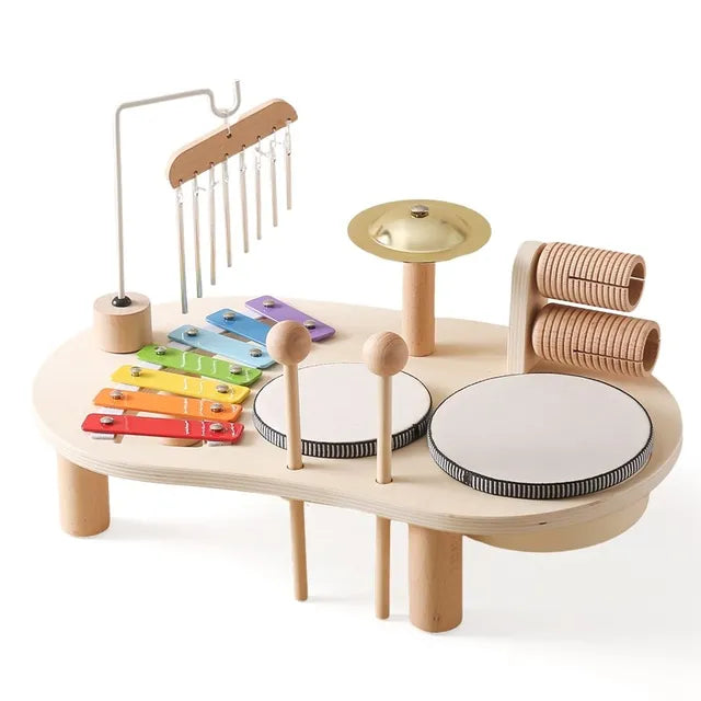 Houten muziekinstrumentenstation voor kinderen - Xylofoon, trommels & bel educatief speelgoed voor peuters van 3+ jaar | Thomler