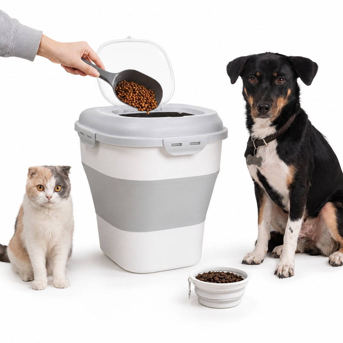 Behälter für 13,5 bis 16 kg Hundefutter, faltbarer, luftdichter Tierfutterbehälter mit Rädern, Messbecher und 2 Behältern