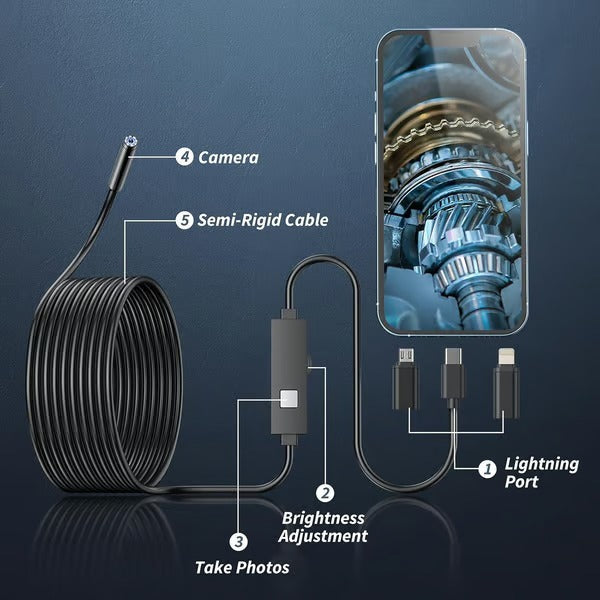 HD Video Borescope Camera 16 Foot Flexible Cable LED Lights Pipe Drain Engine Inspection Tool Smartphone Compatible | Thomler