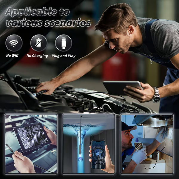 HD Video Borescope Camera 16 Foot Flexible Cable LED Lights Pipe Drain Engine Inspection Tool Smartphone Compatible | Thomler