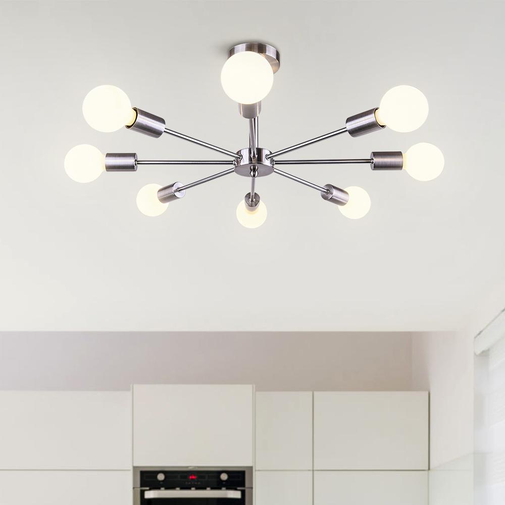 Eight-Arm Metal Pendant Light 24 in Black Brass Chrome Nickel Multi-Bulb Semi-Flush Fixture for Dining Room Kitchen Living Room Contemporary | Thomler