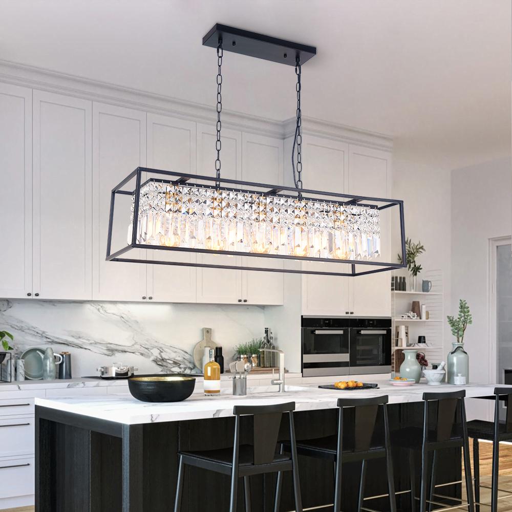 Lineaire hanglamp met vijf lichtpunten, zwart metaal, kristalglas, 89 cm, voor kookeiland, eettafel, in hoogte verstelbaar, modern plafondarmatuur | Thomler