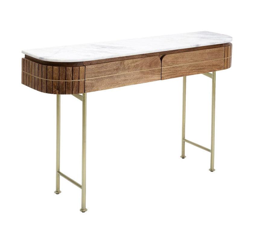 Entryway Table with Marble Top 39 in Natural Mango Wood Gold Metal Base 2 Drawers for Foyer Living Room Bedroom Storage Hallway Furniture | Thomler