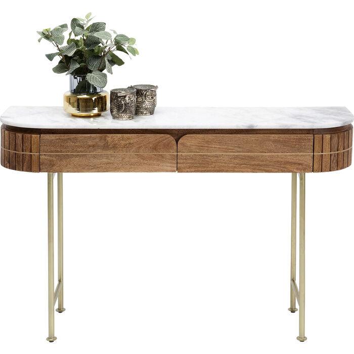 Entryway Table with Marble Top 39 in Natural Mango Wood Gold Metal Base 2 Drawers for Foyer Living Room Bedroom Storage Hallway Furniture | Thomler