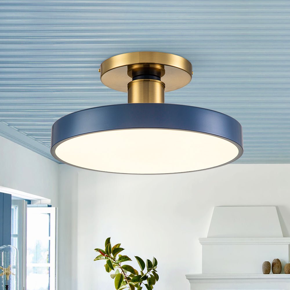 16-Inch Round LED Semi-Flush Ceiling Fixture Navy Blue with Brass Trim Dimmable 5 Color Temperatures for Bedroom Living Room Kitchen Hallway | Thomler