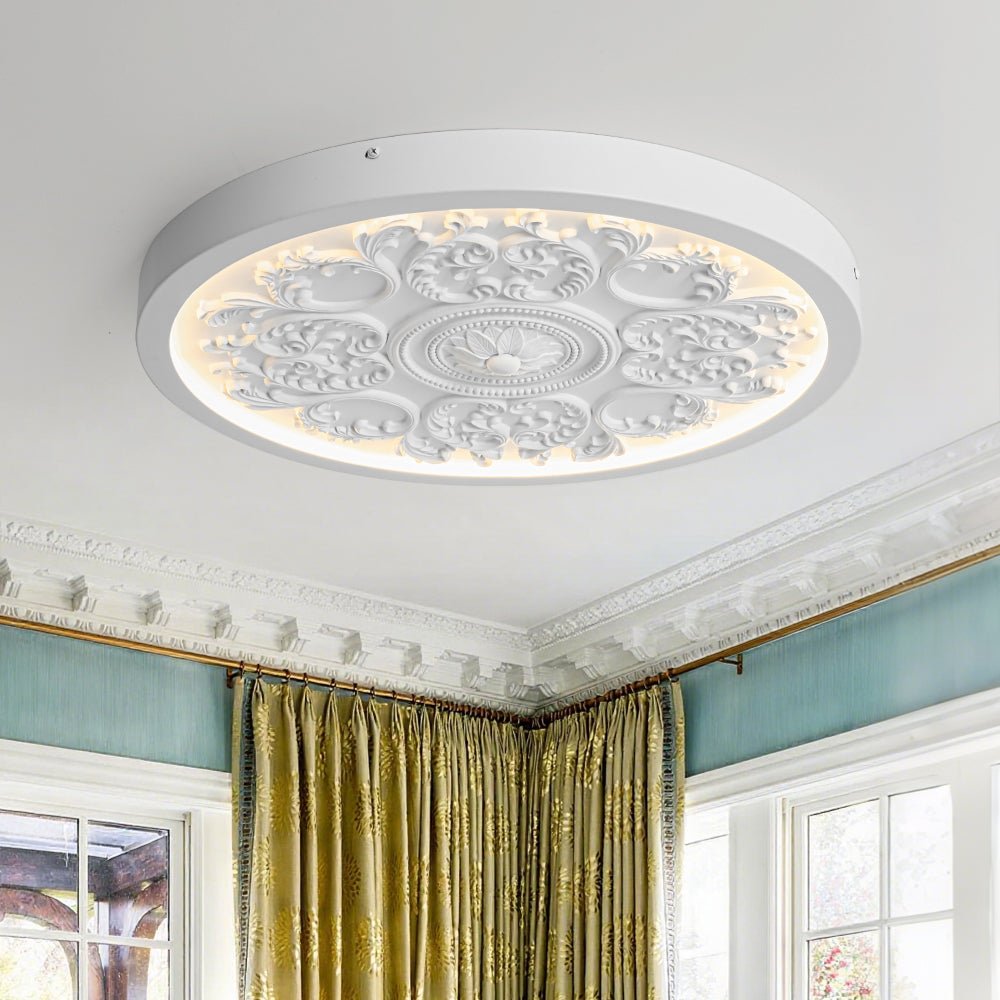 19-inch Resin LED Flush Mount Light with Relief Ornament Matte White Dimmable for Bedroom Living Room Hallway 3000K Warm Glow Decorative Low | Thomler