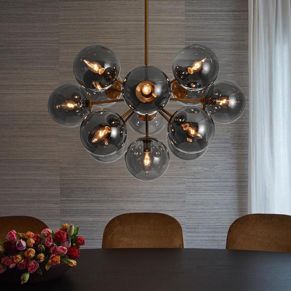 13-Light Sputnik Chandelier with Tinted Glass Globes, 24-Inch Diameter, Adjustable Height Dining Room Fixture for Mid-Century & Modern Homes | Thomler