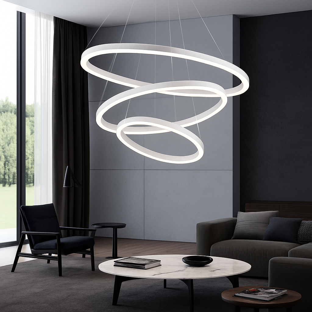 Multi-ring LED plafondlamp, zwart stalen hangende kroonluchter voor eetkamer en woonruimte, in hoogte verstelbaar, eigentijds cirkelvormig ontwerp | Thomler