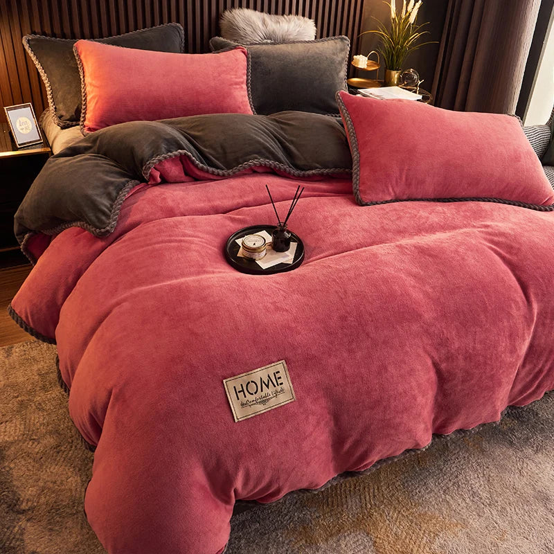 Zachte fleece dekbedovertrekset, winterwarm beddengoed, Queen King, grijs, roze, beige, zwart, voor slaapkamer, koud weer, knusse nachtrust