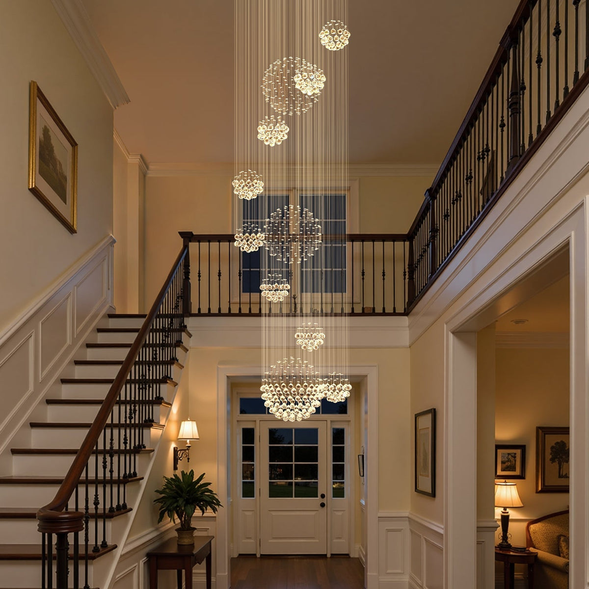 Spiral Raindrop Crystal Pendant Light 120 in Drop Chrome Multi-Tier Fixture for High Ceilings Entryways Double-Height Foyers Stairwells | Thomler