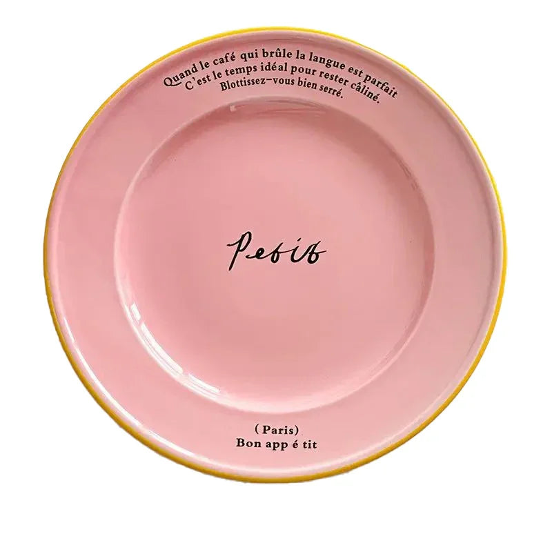 Ceramic Dessert Plate 8 Inch Round Pastel Serving Dish with Script Detail for Kitchen Table Breakfast Pastry Appetizer Snack | Thomler