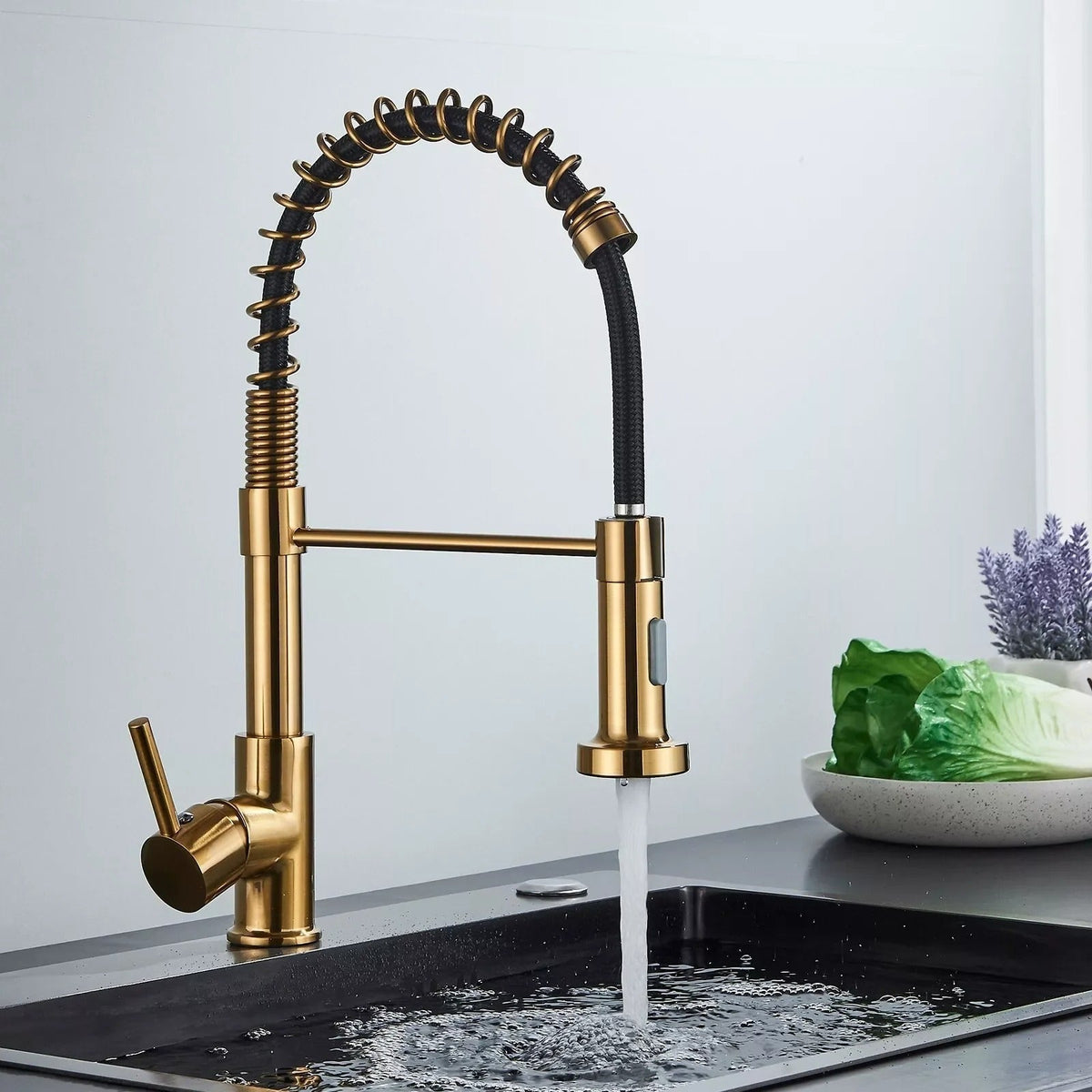 Brass Single-Hole Faucet with Rotating Spout & Detachable Spray Nozzle for Contemporary Kitchens & Dual-Basin Prep Areas | Thomler