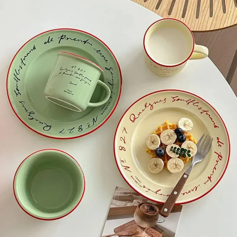 Ceramic Dessert Plate 8 Inch Round Pastel Serving Dish with Script Detail for Kitchen Table Breakfast Pastry Appetizer Snack | Thomler