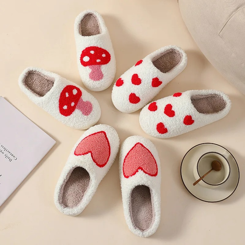 Plush Memory Foam Slippers for Women - Heart & Mushroom Design - Indoor Outdoor House Shoes with Cushioned Footbed