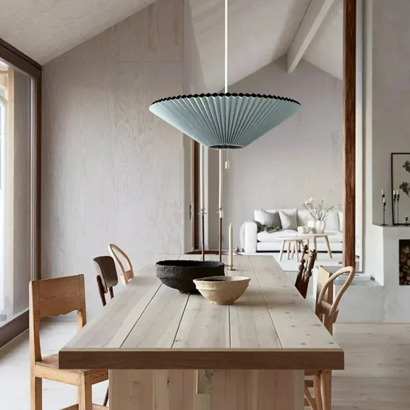 Sculptural Paper Shade Hanging Fixture with Transformable Geometry for Overhead Illumination Above Tables Islands Counters Light Blue Warm G | Thomler