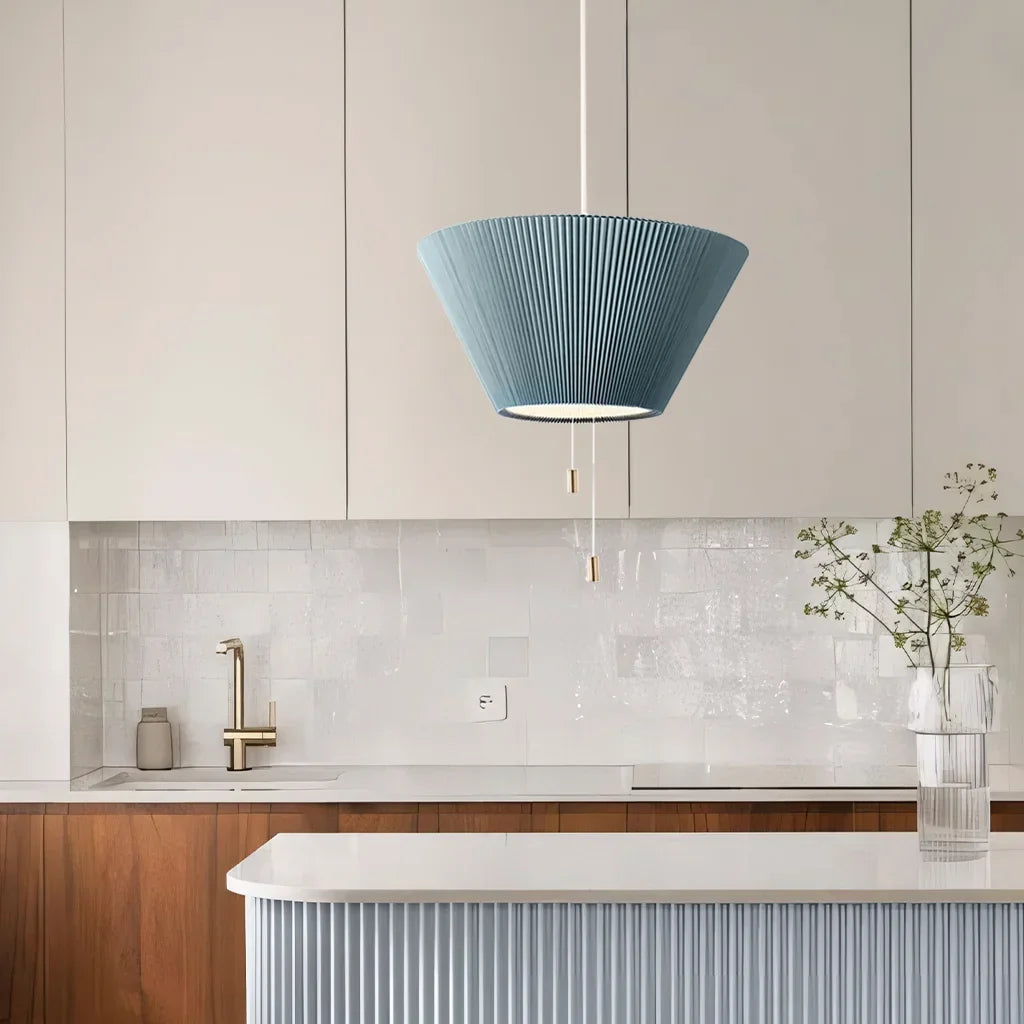 Sculptural Paper Shade Hanging Fixture with Transformable Geometry for Overhead Illumination Above Tables Islands Counters Light Blue Warm G | Thomler