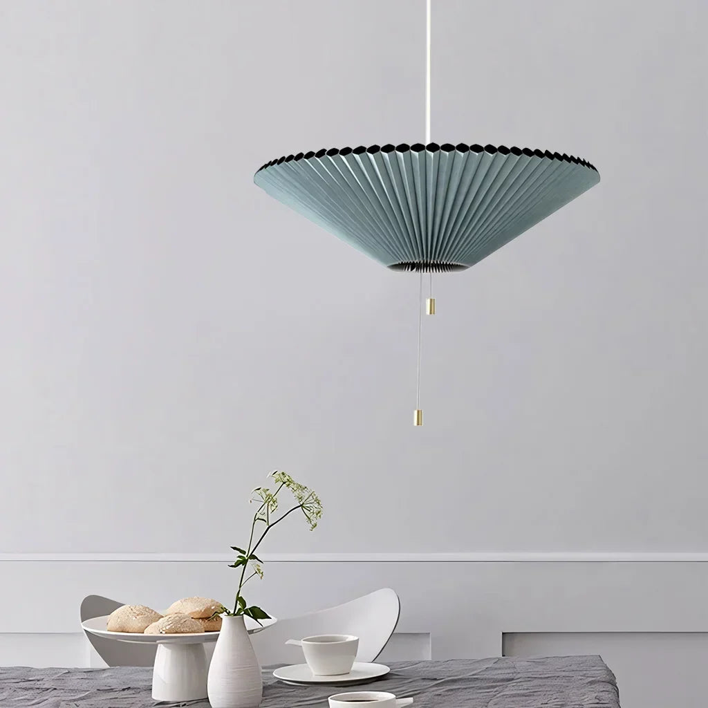 Sculptural Paper Shade Hanging Fixture with Transformable Geometry for Overhead Illumination Above Tables Islands Counters Light Blue Warm G | Thomler