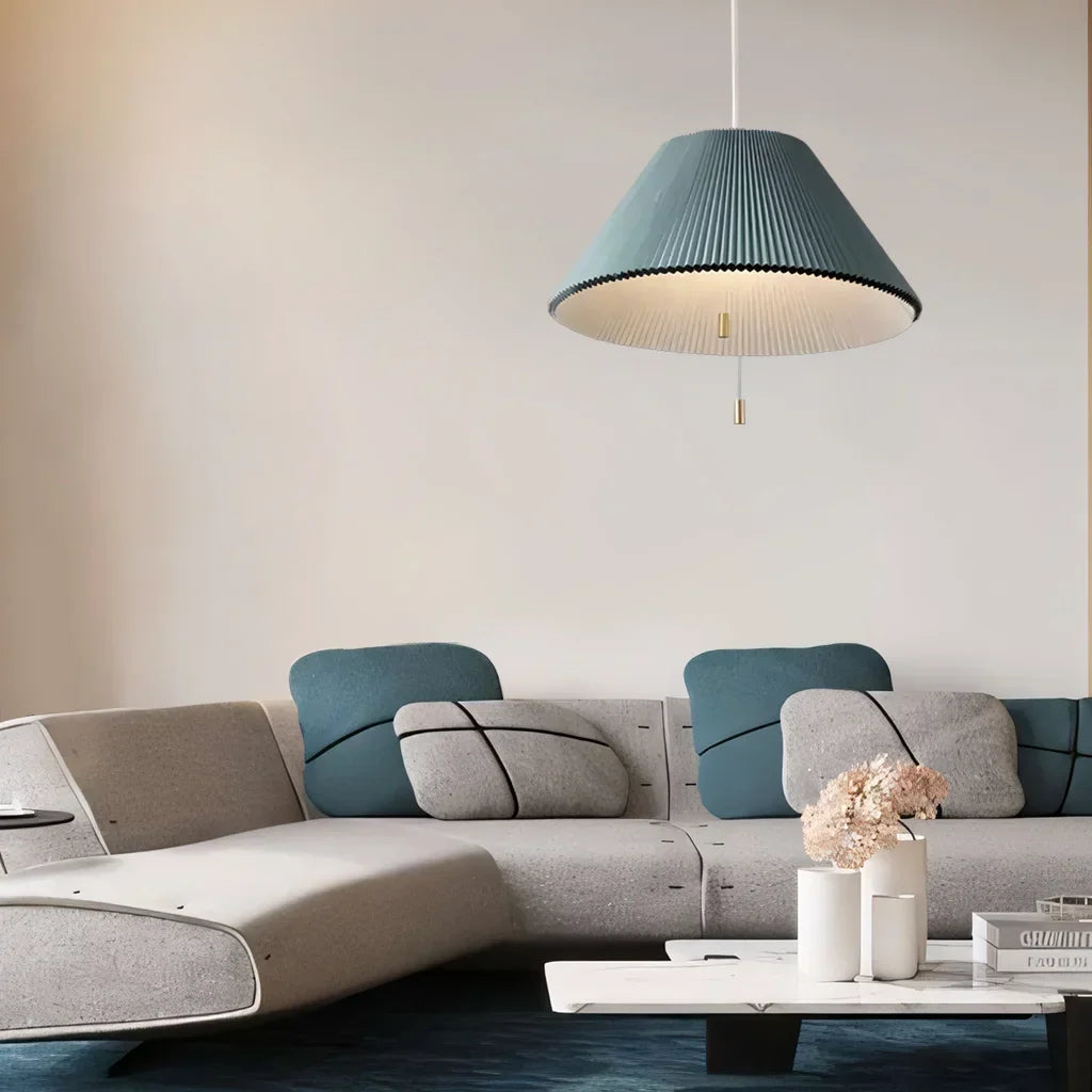 Sculptural Paper Shade Hanging Fixture with Transformable Geometry for Overhead Illumination Above Tables Islands Counters Light Blue Warm G | Thomler