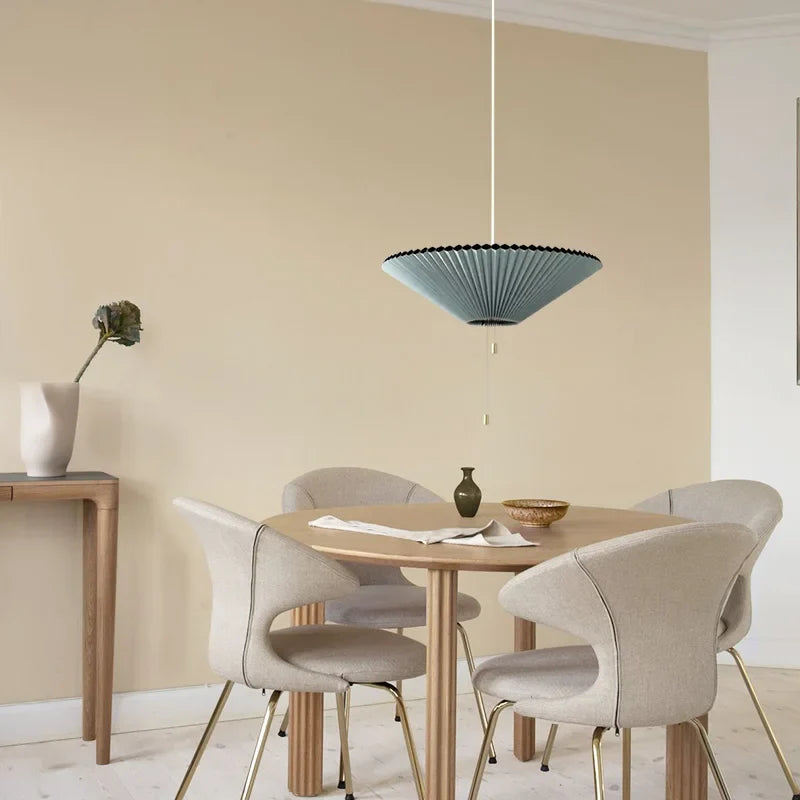 Sculptural Paper Shade Hanging Fixture with Transformable Geometry for Overhead Illumination Above Tables Islands Counters Light Blue Warm G | Thomler
