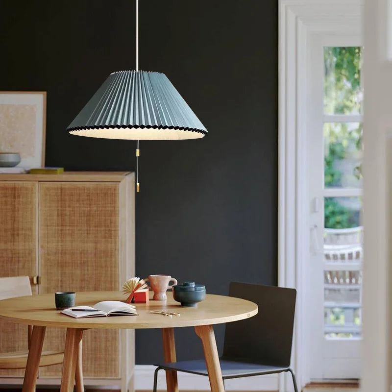 Sculptural Paper Shade Hanging Fixture with Transformable Geometry for Overhead Illumination Above Tables Islands Counters Light Blue Warm G | Thomler
