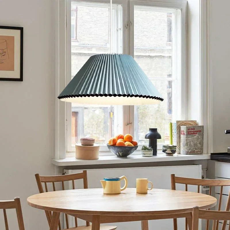 Sculptural Paper Shade Hanging Fixture with Transformable Geometry for Overhead Illumination Above Tables Islands Counters Light Blue Warm G | Thomler