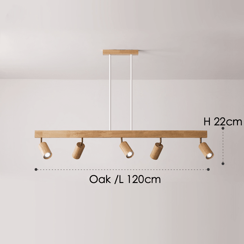 Houten railverlichting met verstelbare spots voor keuken, eetkamer & slaapkamer – 119 cm plafondlamp van natuurlijk hout – 1 tot 5 koppen | Thomler