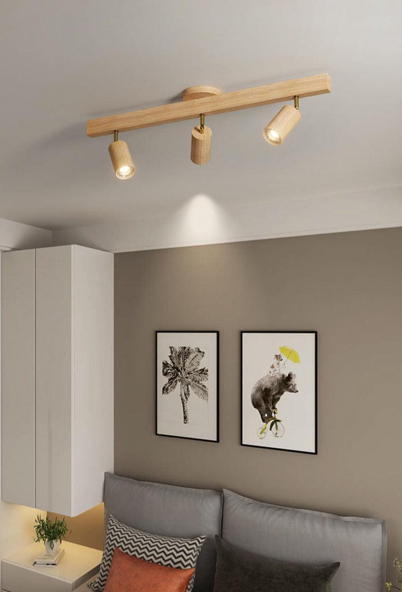 Houten railverlichting met verstelbare spots voor keuken, eetkamer & slaapkamer – 119 cm plafondlamp van natuurlijk hout – 1 tot 5 koppen | Thomler