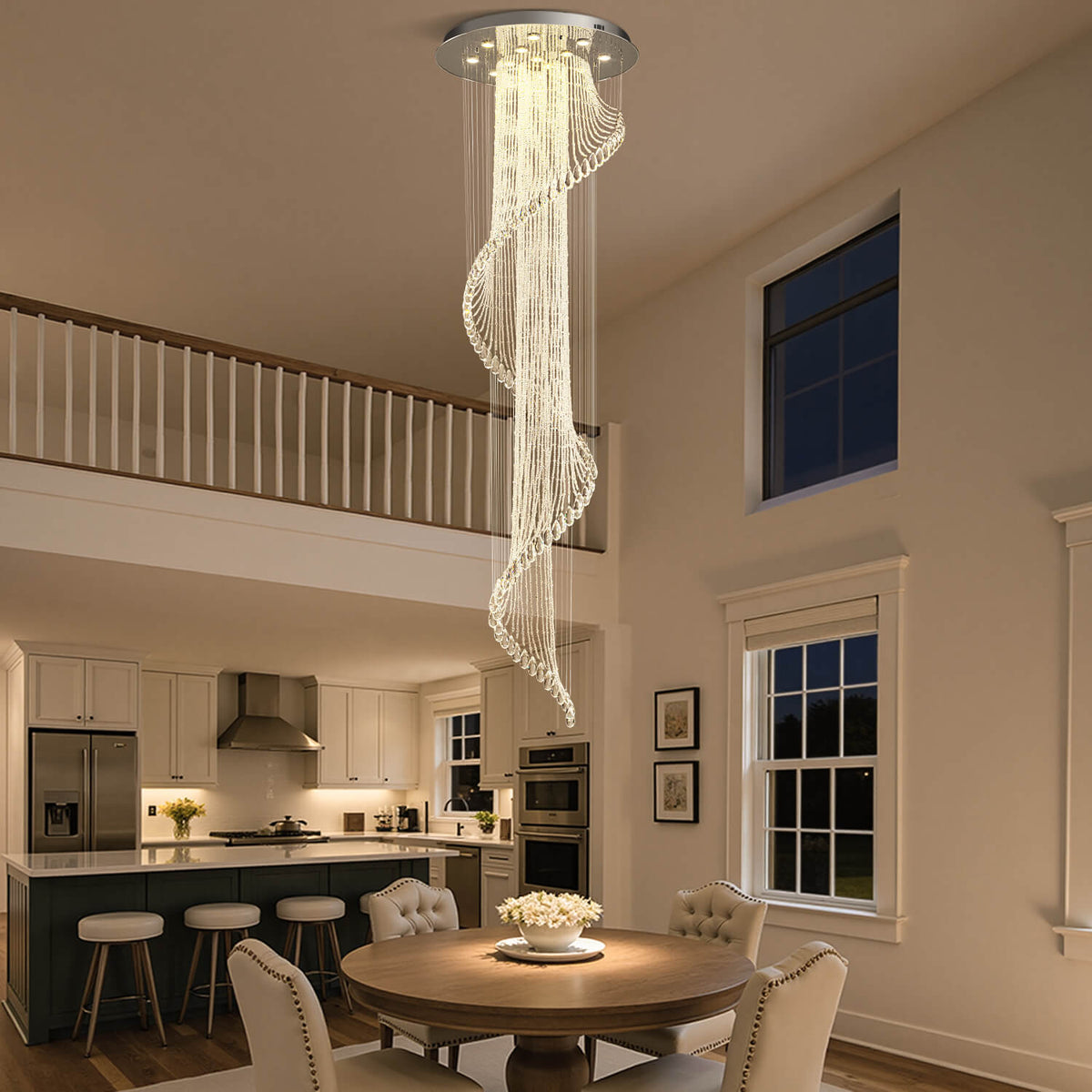 Spiral Crystal Pendant Light for Stairwell Foyer Entryway 118 in Drop Chrome Finish GU10 Socket High Ceiling Statement Fixture Two-Story Hal | Thomler