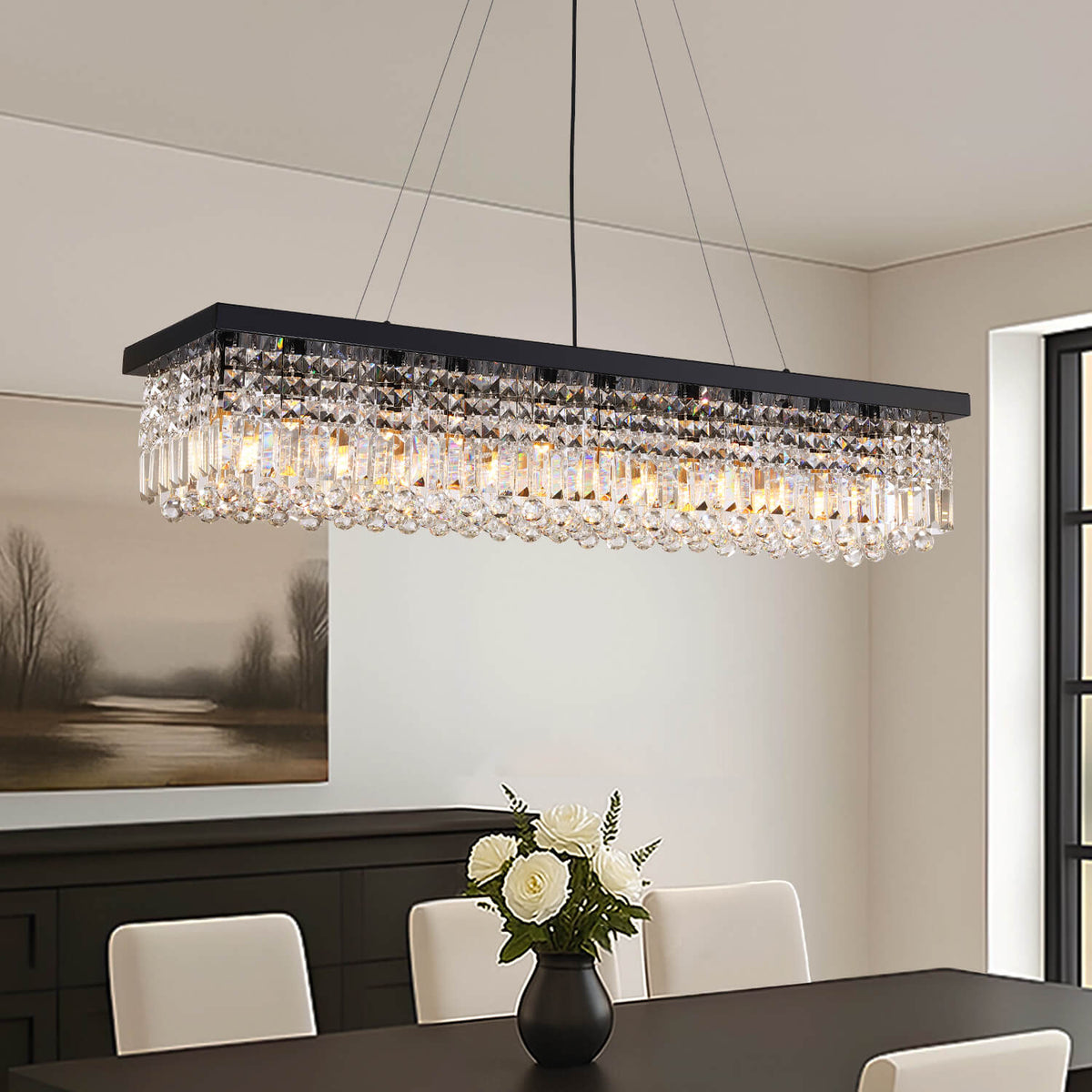 Linear Crystal Pendant Light 47 in Matte Black Rectangular Hanging Fixture for Kitchen Island Dining Table Modern Raindrop Lighting | Thomler