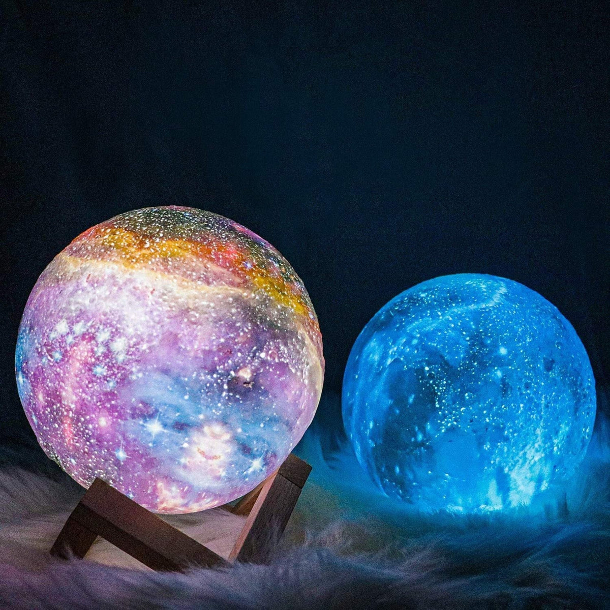 3D Printed Lunar Surface Night Light with Remote Control 16-Color LED Sphere on Wood Base for Bedroom Desk Space Decor | Thomler
