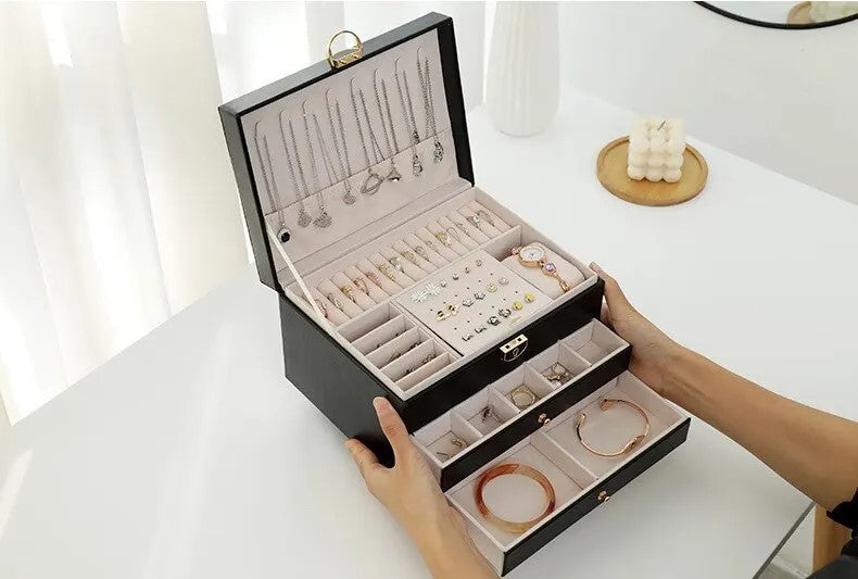 Stackable Jewelry Organizer Box Black 9×7×5 Inch Multi-Compartment Ring Necklace Earring Holder for Dresser Bedroom Vanity Tabletop Storage | Thomler