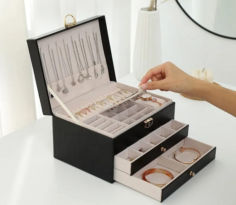 Stackable Jewelry Organizer Box Black 9×7×5 Inch Multi-Compartment Ring Necklace Earring Holder for Dresser Bedroom Vanity Tabletop Storage | Thomler