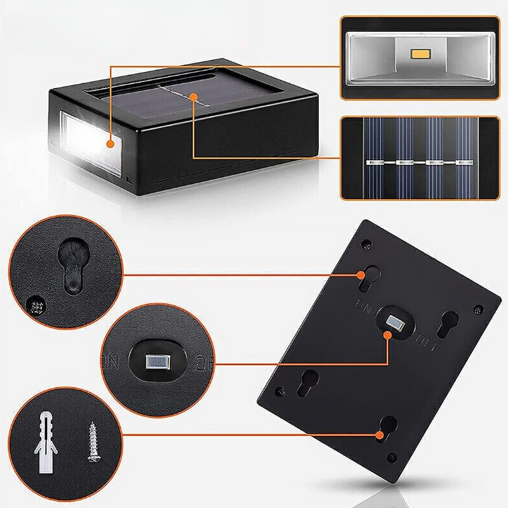 Draadloze Solar Wandlamp voor Buiten, Warm Witte LED Up-Down Wandlamp, IP44 Waterdicht voor Terras, Pad, Dek, Trap, Ingang, Automatisch van Schemering tot Dageraad | Thomler